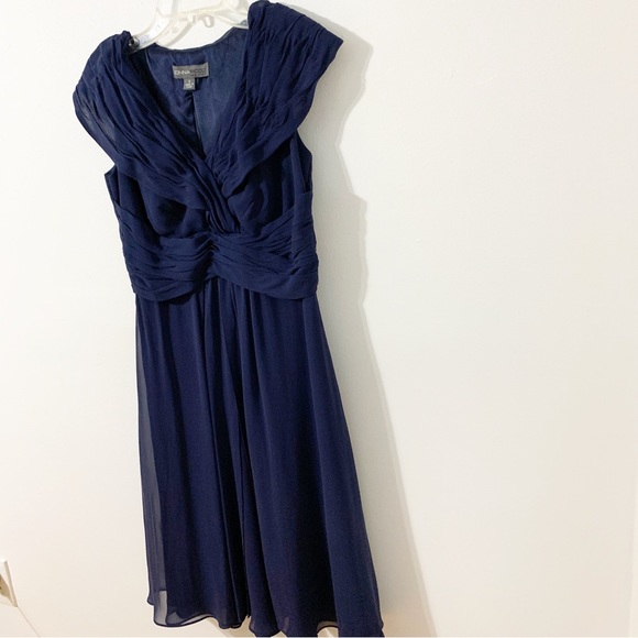 Donna Ricco Silk Midi Dress Sheer Overlay Draped Front Gathered Collar Bodice 💙 - Picture 2 of 12